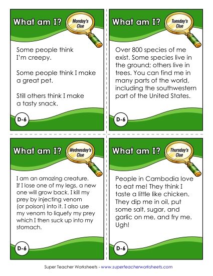 4th Grade - D6 - Tarantula (Printable PDF Worksheet)