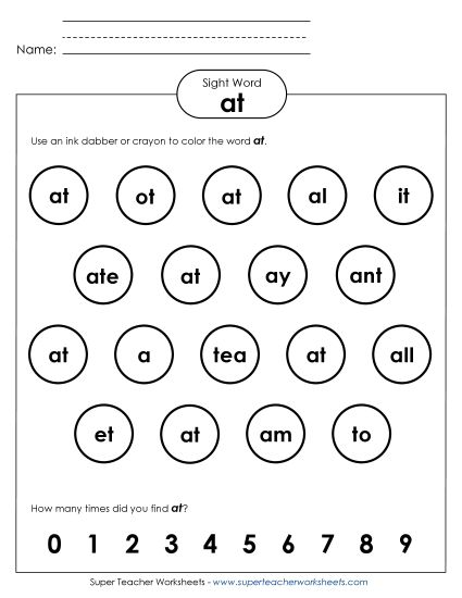 Dab or Color: At (Printable PDF Worksheet)