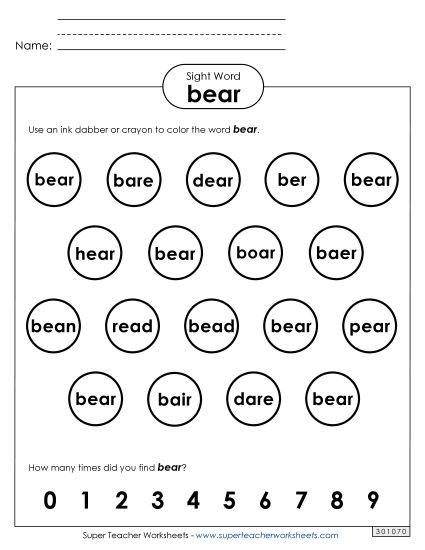 Dab or Color: Bear (Printable PDF Worksheet)