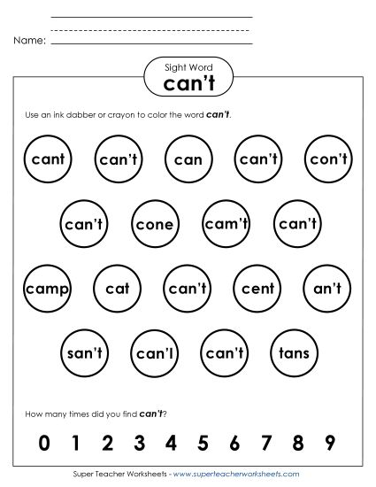 Dab or Color: Can't (Printable PDF Worksheet)