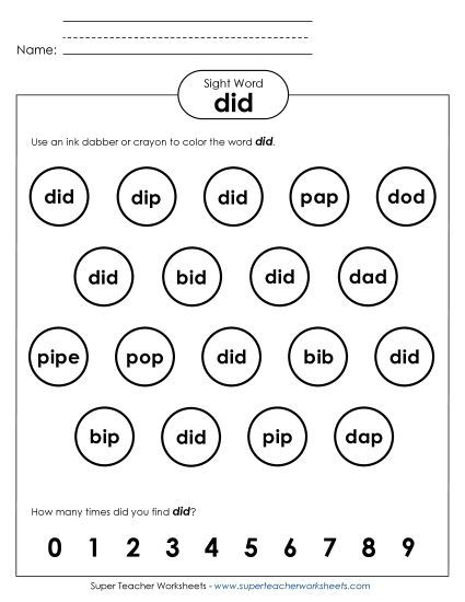 Dab or Color: Did (Printable PDF Worksheet)
