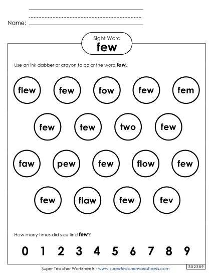 Dab or Color: Few (Printable PDF Worksheet)