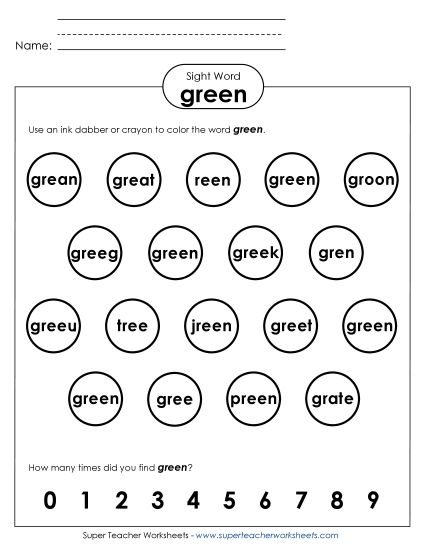 Dab or Color: Green (Printable PDF Worksheet)