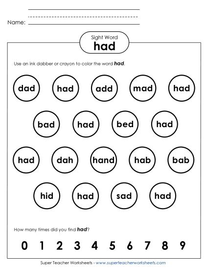 Dab or Color: Had (Printable PDF Worksheet)
