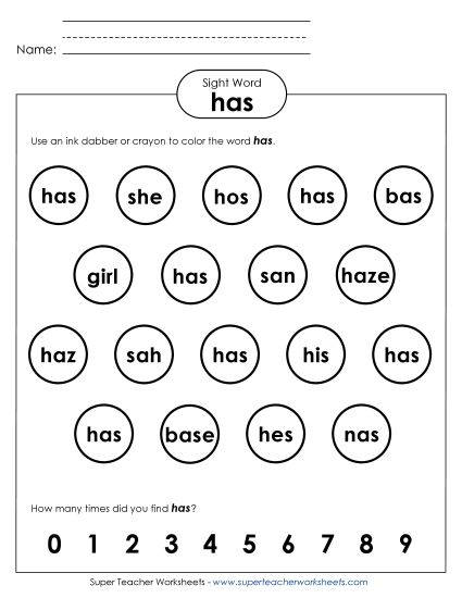 Dab or Color: Has (Printable PDF Worksheet)