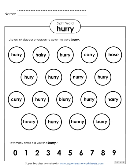 Dab or Color: Hurry (Printable PDF Worksheet)
