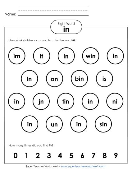 Dab or Color: In (Printable PDF Worksheet)