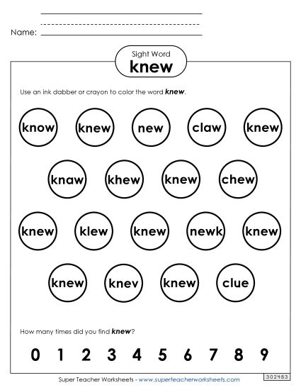 Dab or Color: Knew (Printable PDF Worksheet)