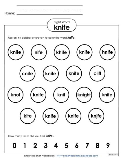 Dab or Color: Knife (Printable PDF Worksheet)
