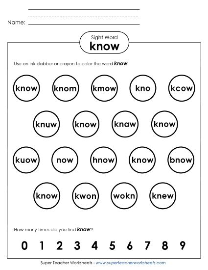 Dab or Color: Know (Printable PDF Worksheet)