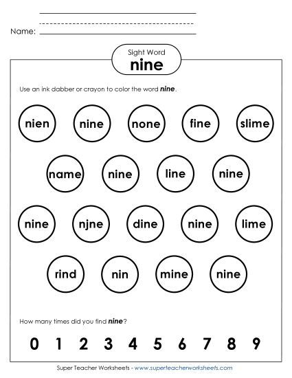 Dab or Color: Nine (Printable PDF Worksheet)