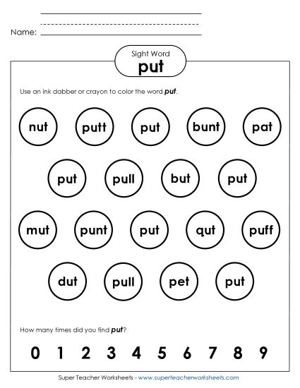 Dab or Color: Put (Printable PDF Worksheet)