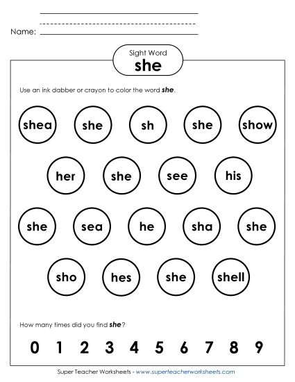 Dab or Color: She (Printable PDF Worksheet)
