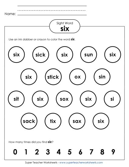 Dab or Color: Six (Printable PDF Worksheet)