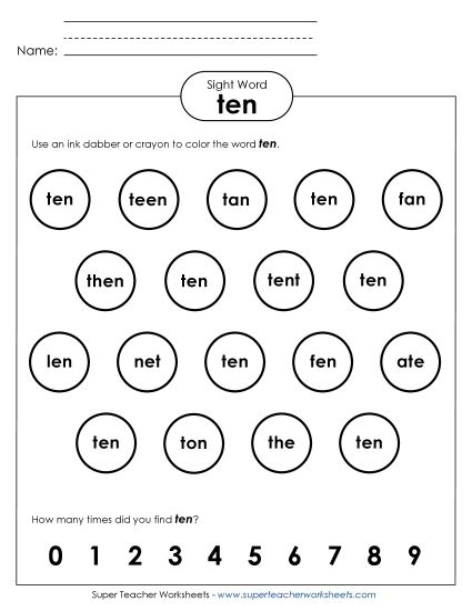 Dab or Color: Ten (Printable PDF Worksheet)