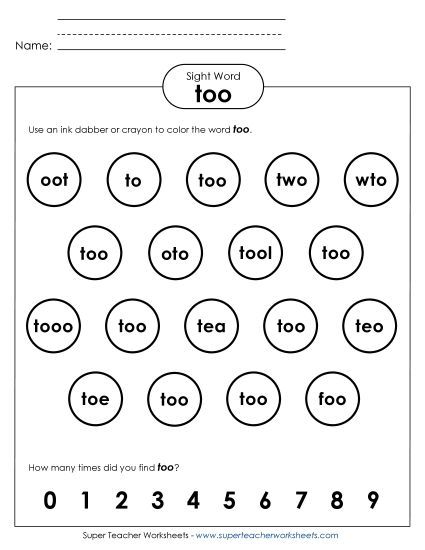 Dab or Color: Too (Printable PDF Worksheet)