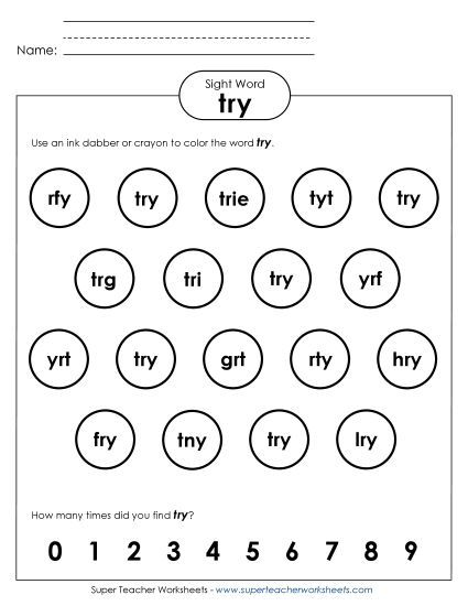 Dab or Color: Try (Printable PDF Worksheet)