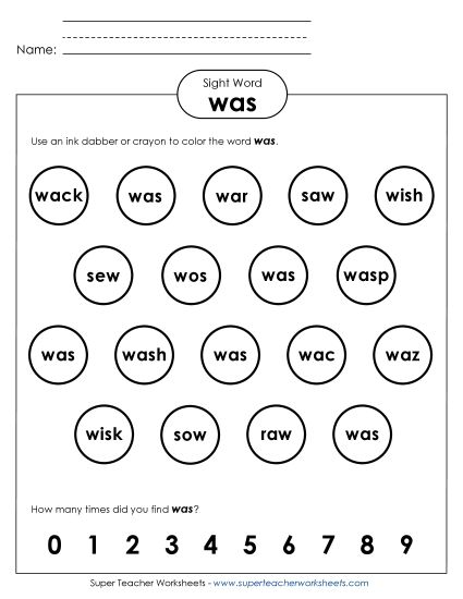 Dab or Color: Was (Printable PDF Worksheet)