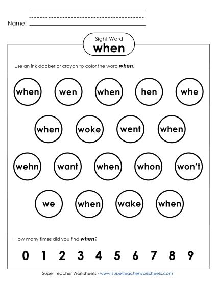 Dab or Color: When (Printable PDF Worksheet)