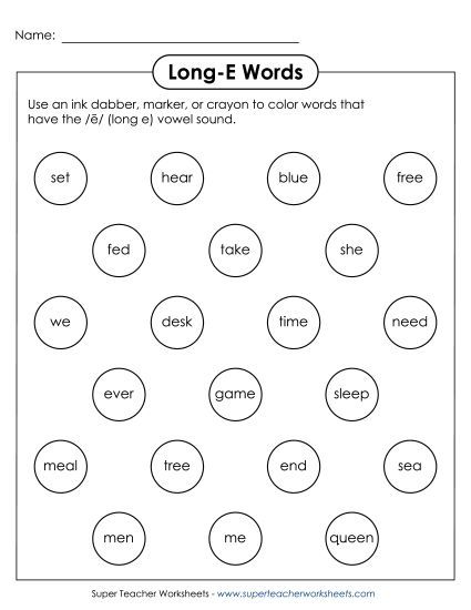 Worksheets - Dabber Activity (Long E Words) (Printable PDF Worksheet)