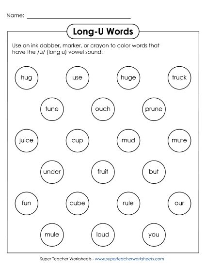 Worksheets - Dabber Activity: Long U Words (Printable PDF Worksheet)