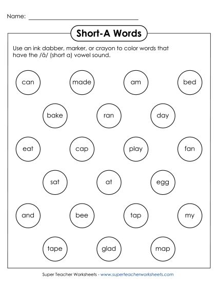 Worksheets - Dabber Activity (Short A Words) (Printable PDF Worksheet)