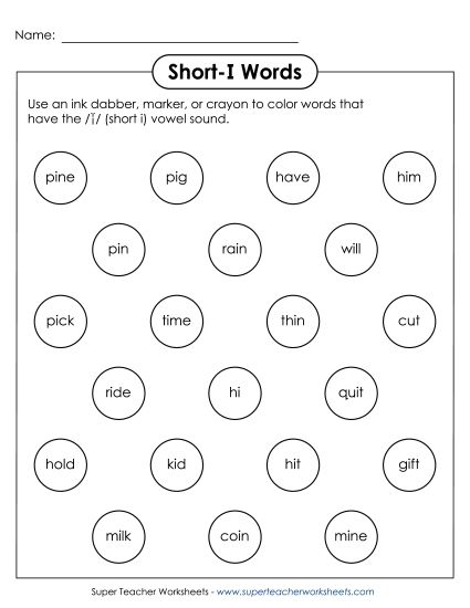 Worksheets - Dabber Activity (Short I Words) (Printable PDF Worksheet)