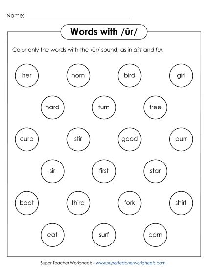 Worksheets - Dabber Circles: /ûr/ (Printable PDF Worksheet)