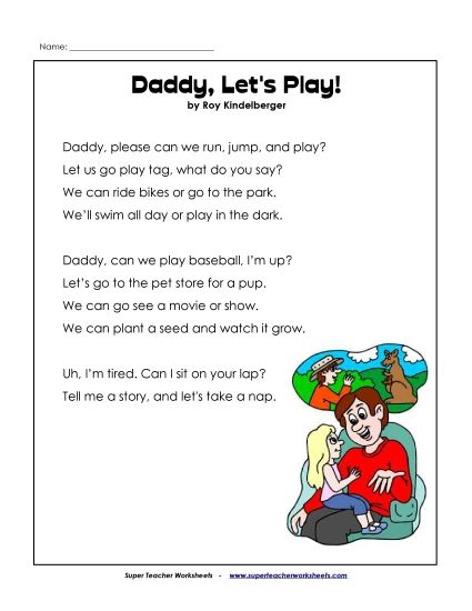 Reading Comprehension - Daddy, Let's Play (Poem) (Printable PDF Worksheet)