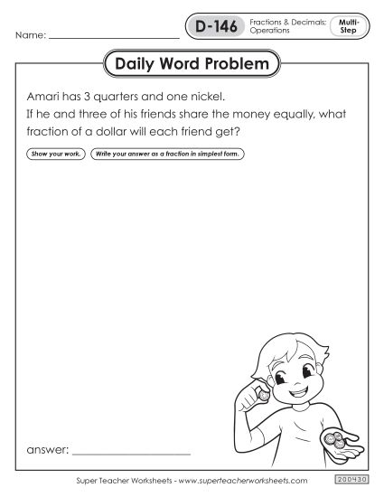 Daily Word Problems  D-146 through D-150 (Printable PDF Worksheet)
