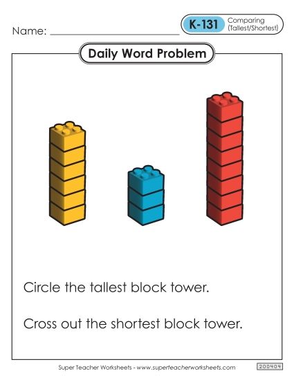 Daily Word Problems  K-131 through K-135 (Printable PDF Worksheet)