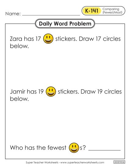 Daily Word Problems  K-141 through K-145 (Printable PDF Worksheet)