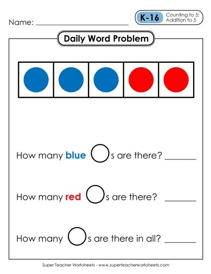 Daily Word Problems K-16 through K-20 (Printable PDF Worksheet)