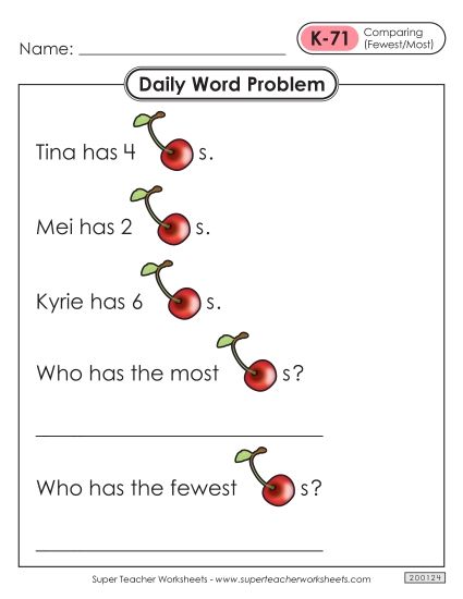 Daily Word Problems  K-71 through K-75 (Printable PDF Worksheet)