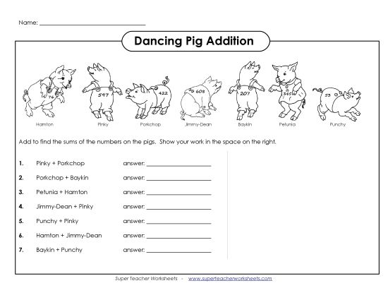Addition (3-Digit Addends) - Dancing Pig Addition (Printable PDF Worksheet)