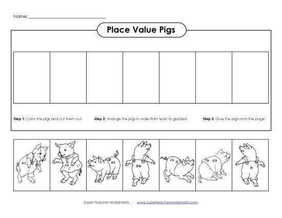 Ordering Numbers - Dancing Pigs (2-Digit Numbers)  (Printable PDF Worksheet)