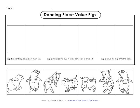 Ordering Numbers - Dancing Pigs (3-Digit)  (Printable PDF Worksheet)