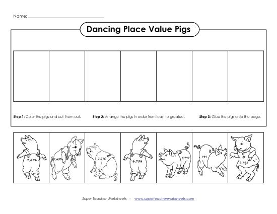 Ordering Numbers - Dancing Pigs (4-Digit)  (Printable PDF Worksheet)