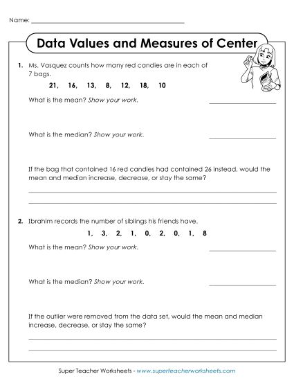 Measures of Center Only - Data Values and Measures of Center (Printable PDF Worksheet)