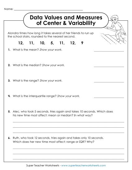 Measures of Center & Variability (Mixed) - Data Values and Measures of Center & Variability (Printable PDF Worksheet)