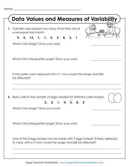 Measures of Variability Only - Data Values and Measures of Variability (Printable PDF Worksheet)