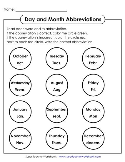 Days and Months - Day Month Coloring Abbreviations (Printable PDF Worksheet)