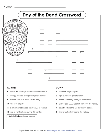 Puzzles - Day of the Dead Crossword (Printable PDF Worksheet)