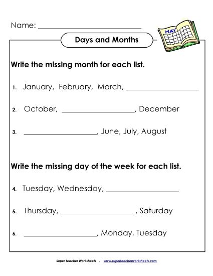 Calendars (Basic) - Days and Months (Printable PDF Worksheet)