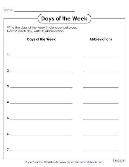 Days and Months - Days of Week Alphabetical Abbreviations (Printable PDF Worksheet)