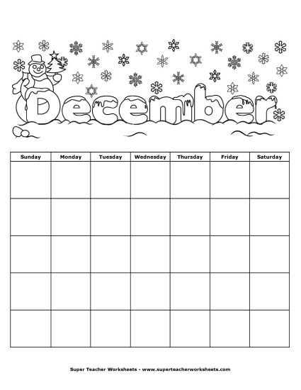 December Calendars - December Christmas Calendar (Winter) (Printable PDF Worksheet)