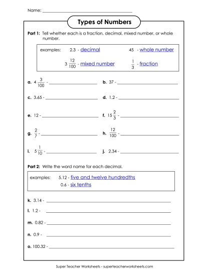 Tenths & Hundredths Mixed - Decimal, Fraction, or Mixed Number (Printable PDF Worksheet)