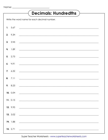 Hundredths - Decimal Names - Hundredths 2 (Printable PDF Worksheet)