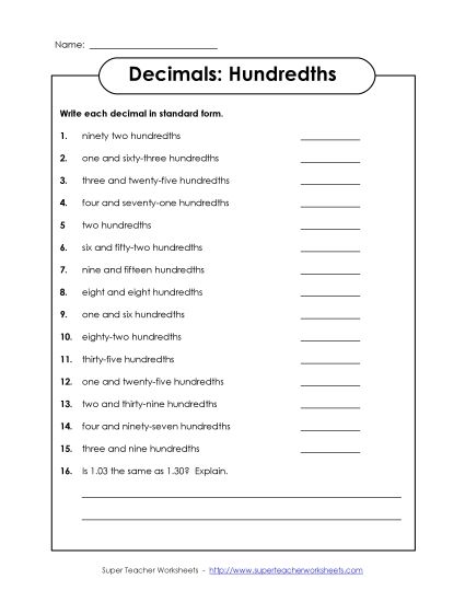 Hundredths - Decimal Names - Hundredths (Printable PDF Worksheet)