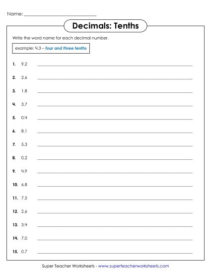 Tenths - Decimal Names - Tenths 2 (Printable PDF Worksheet)